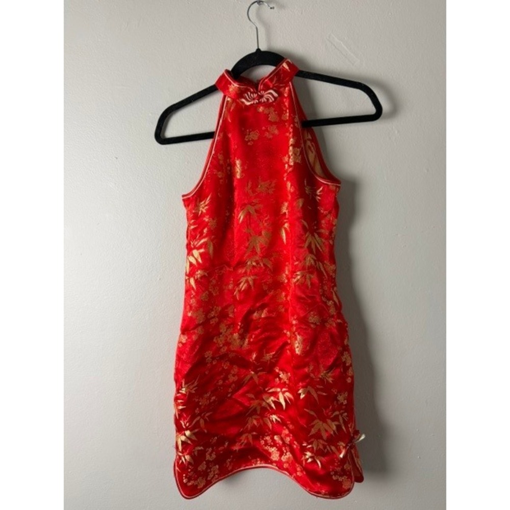 Red Gold Bamboo Floral Brocade Cheongsam Halter Mini Dress Mandarin Collar Qipao